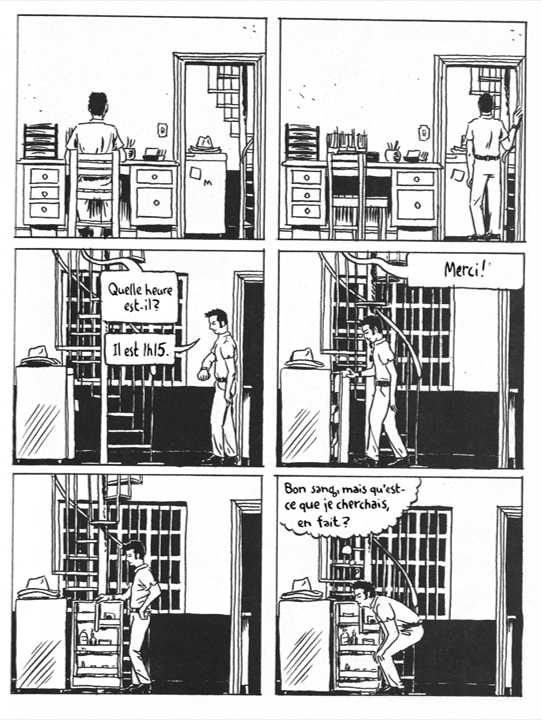 Une page de bande dessinée comportant six cases de taille égale. Ils sont disposés en trois rangées de deux. Tous les panneaux sont des plans d'ensemble.