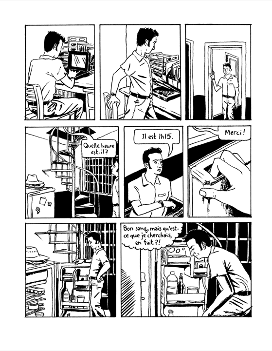 Une page de bande dessinée comportant huit cases. Les deux premières rangées comportent chacune trois cases de tailles différentes. La dernière rangée comporte un panneau étroit et un panneau large.