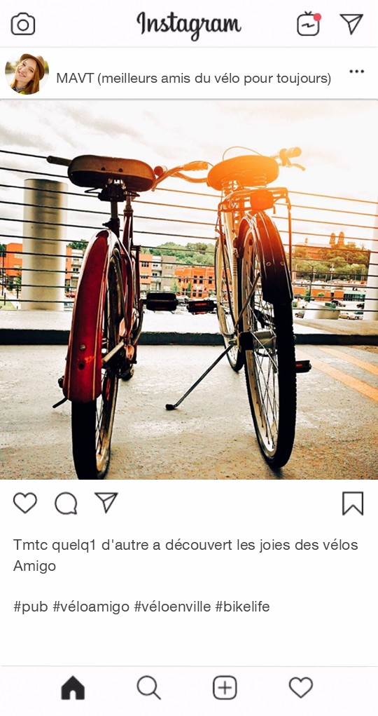A mock Instagram post that shows two bicycles leaning against one another with a sunset in the background.