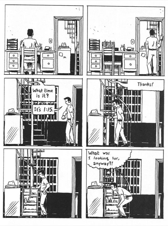 A comics page with six equal sized panels. They are arranged in three rows of two. All are long shot panels.