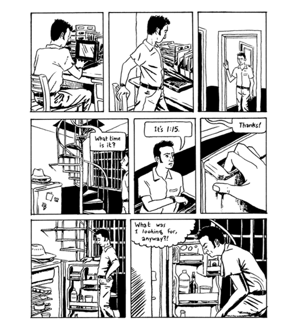 A comics page with eight panels. The first two rows each have three panels of different sizes. The last row has one narrow and one wide panel.