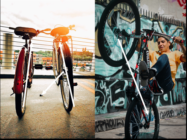 Split screen. A photo of two bicycles seen from the end, leaning towards one another. They are backlit with a golden light. On the right, a photo of a young man popping a wheelie on a bicycle. Arrows show the lines of composition.