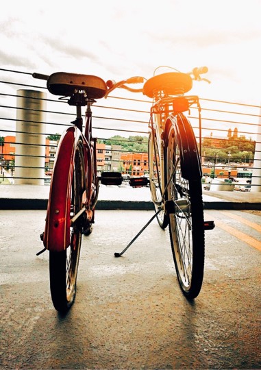Two bicycles lean against one another. In the background is a wire railing and behind it a skyline and sunset.