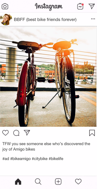 A mock Instagram post that shows two bicycles leaning against one another with a sunset in the background.