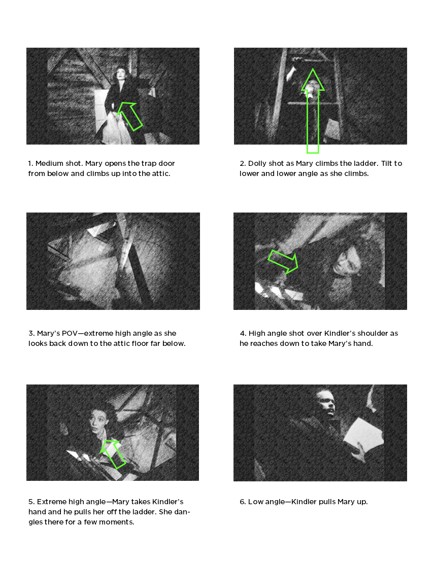 A storyboard for a scene in the film "The Stranger." The first is a medium shot where Mary climbs up into the attic. The second is a dolly shot as she climbs the ladder, becoming a lower and lower angle as she climbs. The third is an extreme high angle shot from her POV as she looks back down to the landing. The fourth is a high angle shot over Kindler's shoulder as he reaches down to take her hand. The fifth is an extreme high angle as Kindler takes her hand and she dangles for a few moments. The sixth is a low angle shot as Kindler pulls Mary up.