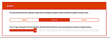 A box headed "Audio." Below it says "You can choose to either upload an audio file or record your spoken audio here." There are three clickable options, Upload, No Audio and Record.